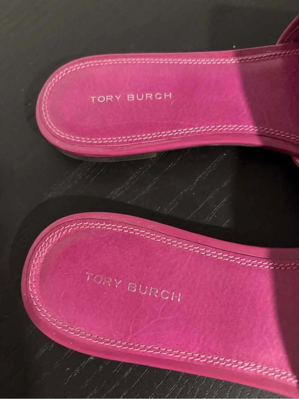 Tory Burch Fuchsia Suede & Patent Slide Sandals with Gold Logo